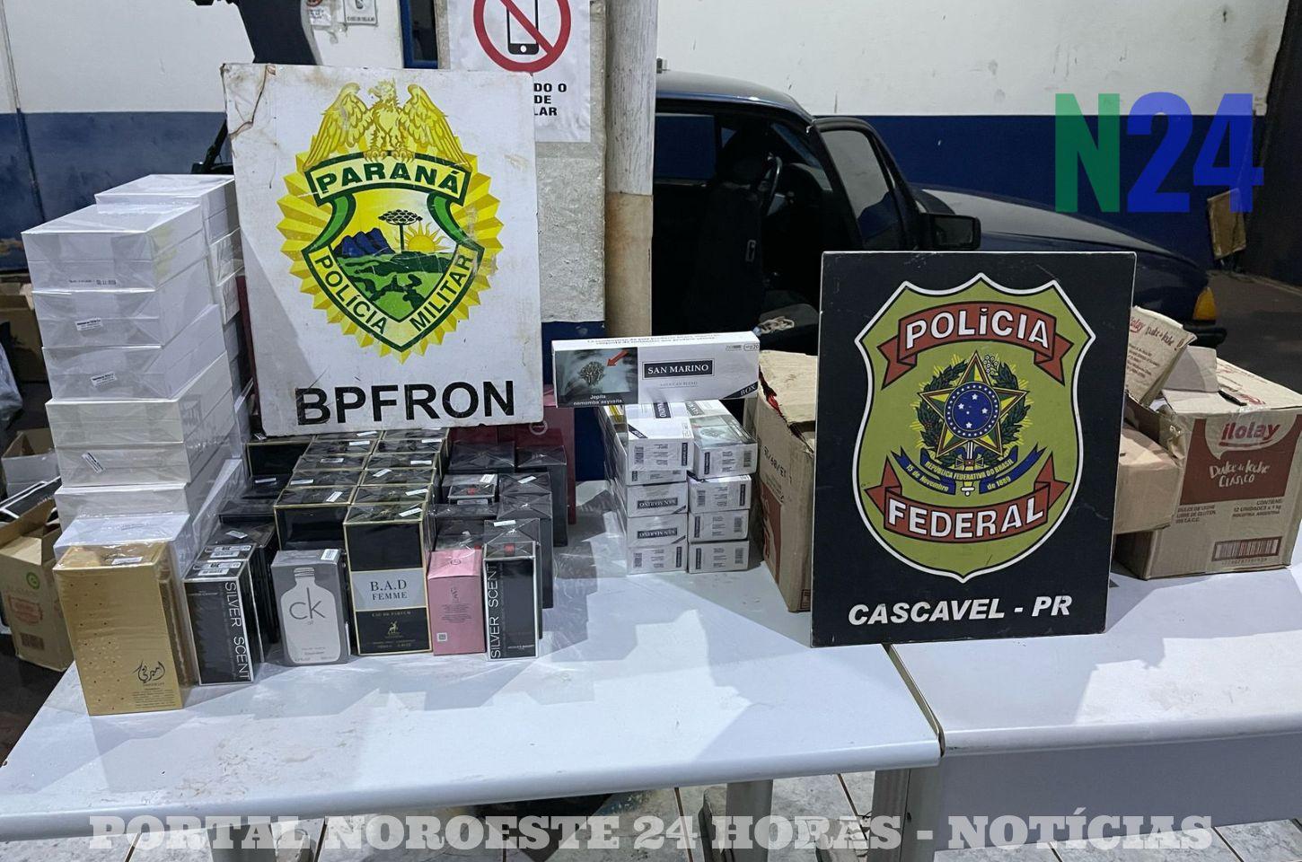 BPFRON E PF APREENDEM GRANDE QUANTIDADE DE MERCADORIAS CONTRABANDEADAS E MAIS DE 40 QUILOS DE MACONHA EM VEICULO NA BR 277 EM SANTA TERZA DO OESTE/PR