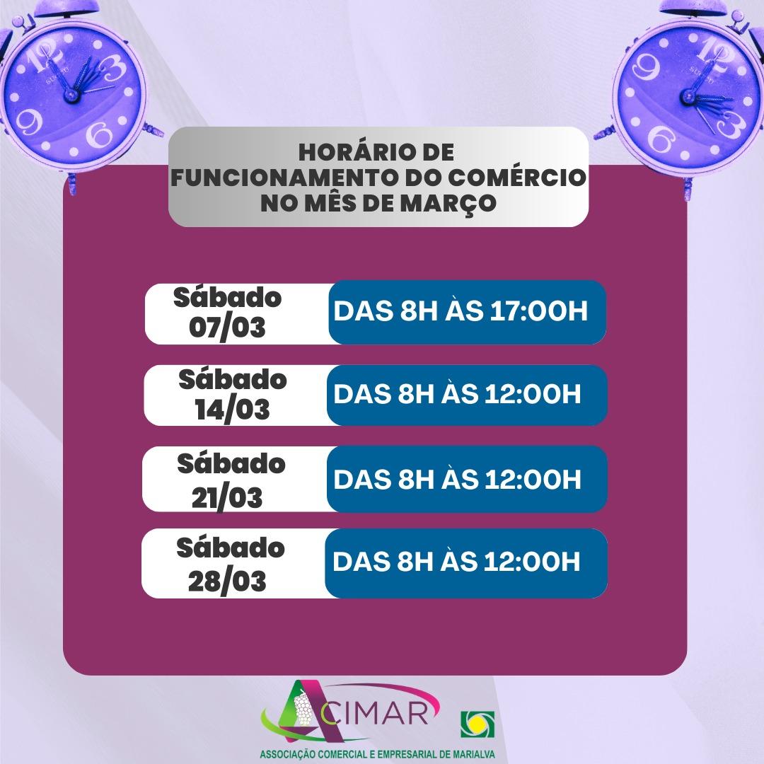 Acimar divulga horário de funcionamento do comércio de Marialva para o mês de março